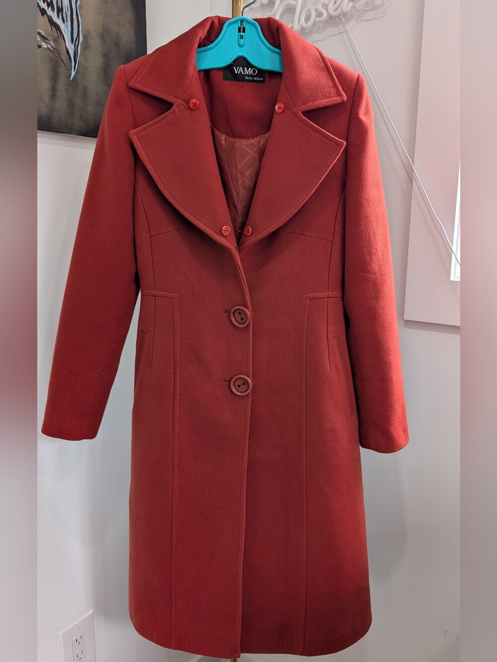 VAMO Moda Milano Rust Orange Wool Blend Long Tailored Trench Coat